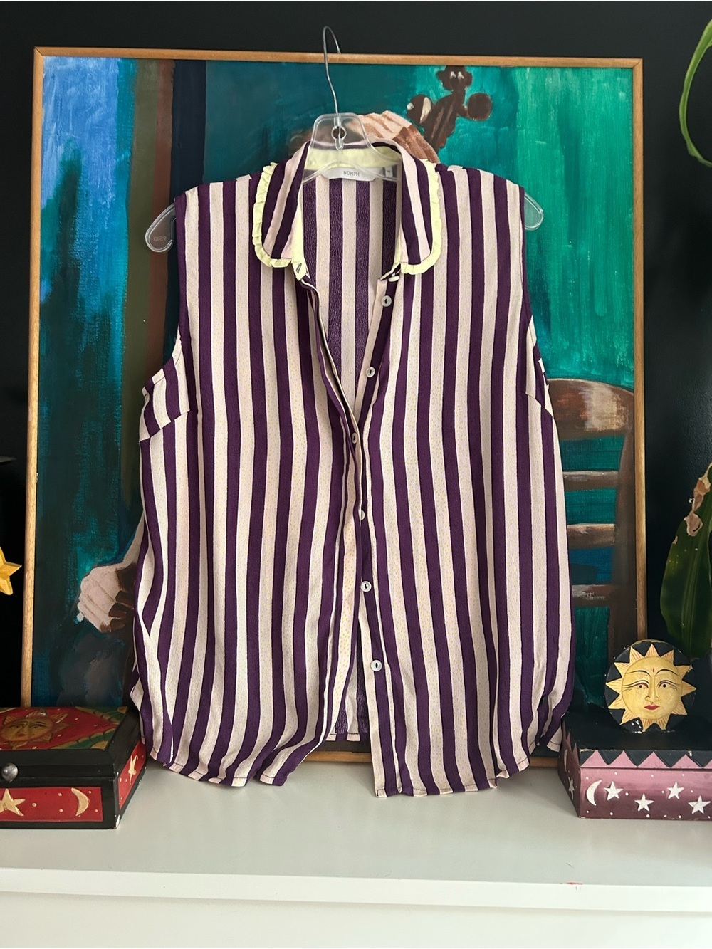 NÜMPH Purple Striped Sleeveless Button Blouse Size 38 Ruffle Collar Y2K43’